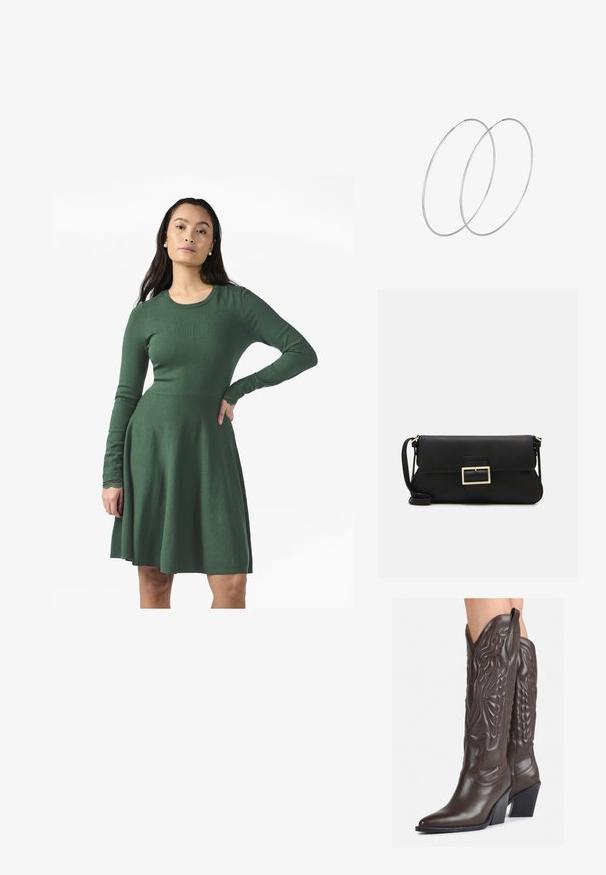 Abito verde a maniche lunghe realizzato in morbido tessuto a maglia. Presenta un corpino aderente e una gonna svasata, con dettagli in pizzo sui polsini delle maniche.; Stivali da cowboy in pelle marrone con punta affusolata e tacco a blocco, caratterizzati da dettagliati ricami e accenti rialzati sul gambale.; Borsa a mano in pelle nera con patta e dettaglio in metallo dorato. Include una tracolla nera e un design elegante e minimalista.; Orecchini a cerchio in argento con un design minimalista. Forma circolare, superficie liscia e profilo sottile. Leggeri con una finitura lucida.