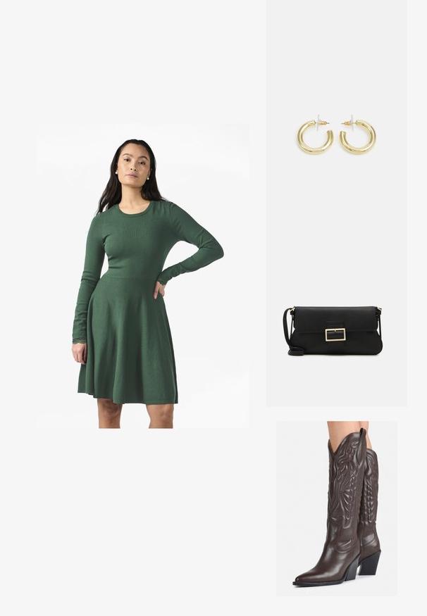Groene jurk met lange mouwen van zachte tricot stof. Heeft een aansluitend lijfje en een uitlopende rok, met kantaccenten op de mouwmanchetten.; Bruine leren cowboylaarzen met een spitse neus en blokhak, voorzien van gedetailleerde stiksels en verhoogde accenten op de schacht.; Zwarte leren clutch met een klep en een gouden metalen sluiting. Inclusief een zwarte schouderband en een slank, minimalistisch ontwerp.; Gouden creolen met een gladde, glanzende afwerking. Circulaire vormgeving met een kleine post en een doorzichtige achterkant voor een veilige draagervaring.