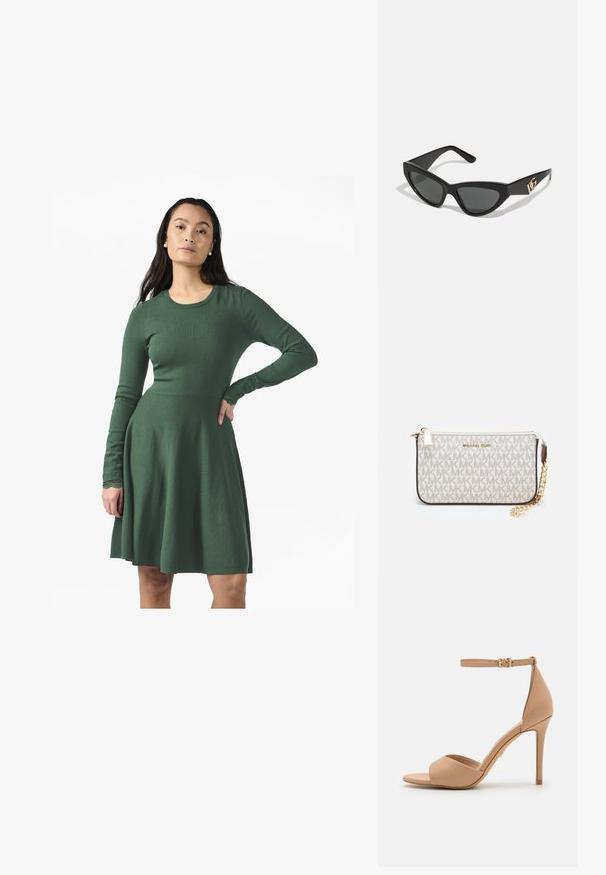 Abito verde a maniche lunghe realizzato in morbido tessuto a maglia. Presenta un corpino aderente e una gonna svasata, con dettagli in pizzo sui polsini delle maniche.; ALDO CRERIDE PILLOW WALK - Sandali - beige; Occhiali da sole a forma di gatto con montatura in plastica nera opaca, lenti scure e un'accensione con logo dorato sulla stanghetta. Design angolare e superficie liscia.; Wristlet Michael Kors in tela rivestita beige con motivo a logo MK ripetuto, hardware dorato e tracolla a catena staccabile.