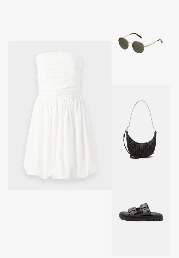 Valge õlakatte vaba kleit rüüpimisega bodi ja kokkuvõtva seeliku osaga, millel on sile tekstuur ja lühike mullseelik.; Mustad mustad mustad, millel on kaks laialdast rihma dekoratiivsete nukkide ja detailsete pandlitega, paigutatud tugevatele tekstureeritud kummitaldadele.; Ümmargused prillid metallkuldses raamis ja tumerohelistes läätsedes. Käed on kaunistatud kilpkonnakilbi mustriga, mis lisab sisu.; Must mustrakk nahast kott, millel on polsterdatud tekstuur, kaarjas kuju, hõbedane kettvöö ja väike logoaktsent ees.