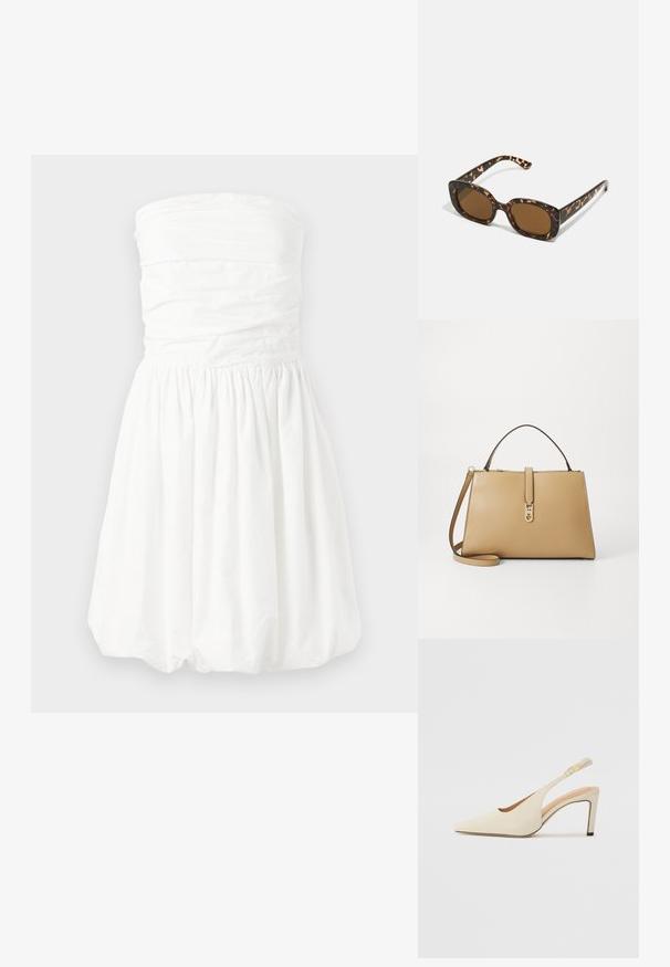 Balta strapless kleita ar ruļļotu krūtīm un savāktu svārku, kurai ir gluda tekstūra un īss burbuļa apakšmala.; Beige ādas slingback zābaki ar norādītu pirkstu, atvērtu sānu dizainu un šauru augstu papēdi. Satur zelta akcentu uz jostas.; Tērpu apvalka saulesbrilles ar noapaļotu, masīvāku rāmi un brūnām lēcām. Satur smalkas rakstības un taisnas, sašaurinātas kājas.; Tommy Hilfiger LIBRE SATCHEL - Rokassoma - safari