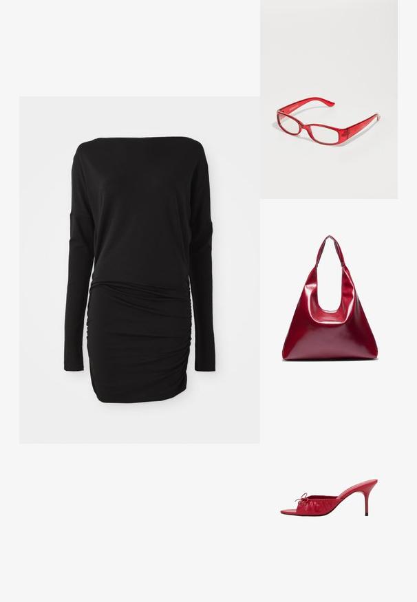 Crna haljina dugih rukava od mekog materijala s izrezom u obliku čamca i skupljenim detaljima sa strane, stvarajući prilagođenu siluetu.; Crvene kožne sandale s otvorenim prstima, s nabranim, plišanim dizajnom i dekorativnom mašnom. Imaju stiletto potpeticu i glatku završnu obradu.; Crvene plastične naočale s pravokutnim okvirom, prozirnim lećama i uskim ručkama. Logo brenda "even&odd" je utisnut na dršku.; Crvena sjajna kožna torba u obliku trokuta, širokog otvora na vrhu i jednim zakrivljenim ručkom. Glatka tekstura s minimalnim detaljima šivanja.