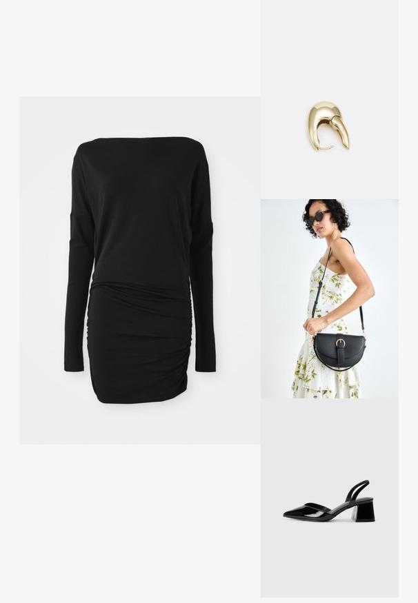 Musta pikkade varrukatega kleit pehmest kangast, millel on paigaldatud dekoltee ja kogutud külje detailid, luues figuuri toetava silueti.; Mustad musta lakknahk kingad, millel on terav varvas ja geomeetriline plokkkonts. Omab elegantselt minimalistlikku disaini ja sujuvat tekstuuri.; Mustmust mustraha kõverate joontega, eemaldatava rihmaga ja kuldsete detailidega. Kotil on klapp, millel on pandladetail.; Kuldtooni metallist kõrvarõngas, millel on elegantne ja kaarjas disain. Omab silmapaistvat teravat kuju, poleeritud pinda ja hingesulgemist.