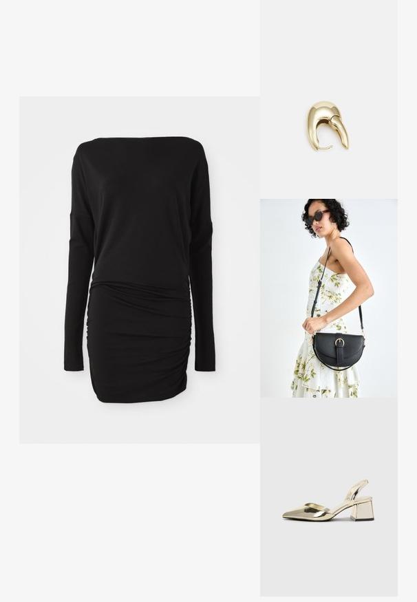 Czarna, długa sukienka z długimi rękawami, wykonana z miękkiego materiału, z dekoltem w łódkę i marszczeniami po bokach, tworzącymi dopasowaną sylwetkę.; Złote, metaliczne szpilki z boku z wydłużonym noskiem i grubym obcasem. Gładka faktura, minimalistyczny design i wąski pasek.; Czarna skórzana torebka o zakrzywionym kształcie, z odpinanym paskiem i złotymi akcentami. Torebka posiada klapę z zapięciem w kształcie klamry.; Złote metalowe kolczyki o eleganckim, zakrzywionym kształcie. Posiadają charakterystyczny szpiczasty kształt, polerowaną powierzchnię oraz zapięcie na zawias.