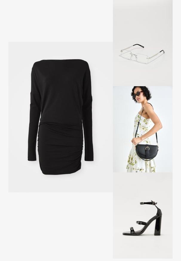 Robe noire à manches longues réalisée en tissu doux, avec un décolleté bateau et des détails froncés sur le côté, créant une silhouette ajustée.; Sandales à talons vernies noires avec un bout carré, des sangles autour de la cheville et des boucles en argent. Dotées d'un talon bloc épais pour plus de stabilité.; Lunettes rectangulaires à verres transparents avec une fine monture en métal argenté et des embouts en acétate noir. Présente un matériel minimal pour un design épuré.; Sac à main en cuir noir avec une forme courbée, bandoulière amovible et des accessoires en or. Le sac est doté d'un rabat avec un détail de boucle.