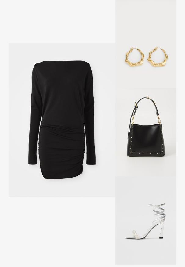 Schwarzes langärmliges Kleid aus weichem Stoff mit einem Bootsausschnitt und gerafften seitlichen Details, die eine körpernahe Silhouette schaffen.; Silberne High-Heel-Sandale mit einem glänzenden Riemen-Design, das einen perlenähnlichen Akzent und einen spiralförmigen Knöchelriemen für einen sicheren Sitz bietet.; Schwarze Lederhandtasche mit strukturiertem Design, verziert mit goldenen Nieten entlang der Kanten und einem abnehmbaren Tragegurt mit goldenen Hardware-Akzenten.; Goldene creolen Ohrringe mit einem wellenförmigen, strukturierten Design. Sie verfügen über einen dünnen Drahtverschluss und eine polierte, reflektierende Oberfläche.