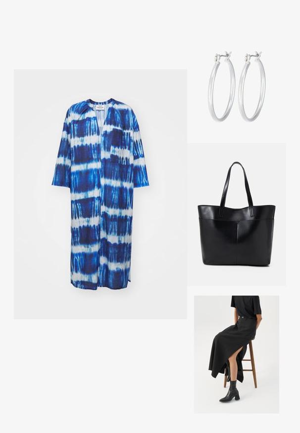 Sinimekko, jossa on sinivalkoinen solumuovipaha, polvipituinen, etutasku ja leveät hihat. Valmistettu kevyestä kankaasta, jolla on pehmeä rakenne.; Musta pellavasta valmistettu maxi-hame, jossa on korkea halkio, puettuna mustan t-paidan ja mustien nilkkabootsien kanssa. Minimalistinen muotoilu, rento istuvuus.; Musta nahkainen kassi, jossa on kaksi pitkää kahvaa, sileä pinta ja jämäkkä muoto. Sisältää etutaskun lisävarastointia varten.; Hope-silver rengas, joissa on sileä ja kiillotettu pinta. Pyöreä muoto ja turvallinen napsautettava lukitus. Kevyt muotoilu sopii päivittäiseen käyttöön.