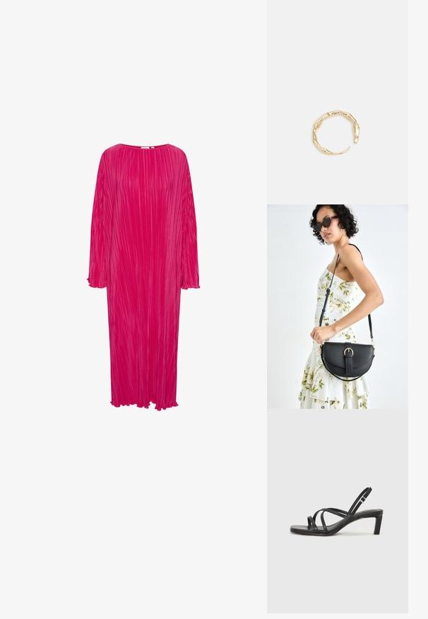 Pitkä, löysä ja kirkkaan vaaleanpunainen mekko, jossa on pystysuuntaiset poimutukset, pyöreä kaula-aukko ja pitkät hihat; siinä on rispaantuneet hihansuut ja helma.; Mustat hihnalligat, joissa on neliön muotoinen kärki ja matala lohkokorko. Ominaisuuksiin kuuluu useita ohuita hihnoja ja säädettävä nilkkahihna. Valmistettu sileästä nahasta.; Musta nahkainen käsilaukku, joka on kaareva muotoilultaan, irrotettavalla hihnalla ja kultaisilla yksityiskohdilla. Laukussa on läppä, jossa on solk yksityiskohta.; Kultaketju, jossa on orgaaninen, kierretty muotoilu, sileä pinta ja cappatut päät, luoden modernin, veistoksellisen ilmeen.