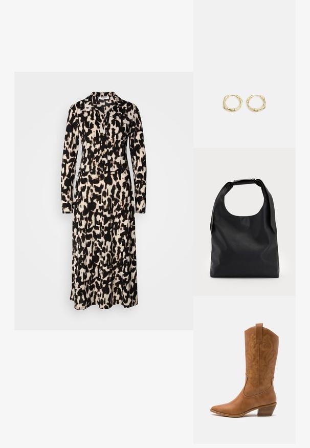 Sukienka z długim rękawem w czarno-beżowym abstrakcyjnym wzorze. Posiada kołnierzyk i guziki z przodu, wykonana z lekkiego materiału.; Brązowe skórzane kowbojki z wyciągniętym nosem, haftowanymi wzorami spiralnymi na cholewie oraz blokowym obcasem. Posiadają pętlę ułatwiającą zakładanie.; Czarna skórzana torba hobo z pojedynczym, miękkim, zaokrąglonym uchwytem; charakteryzuje się gładką teksturą i minimalistycznym designem. Brak widocznych elementów metalowych lub akcentów.; Złote kolczyki w kształcie obręczy o teksturowanej, nieregularnej formie. Posiadają bezszwowe zapięcie oraz polerowane wykończenie, podkreślające nowoczesny design.