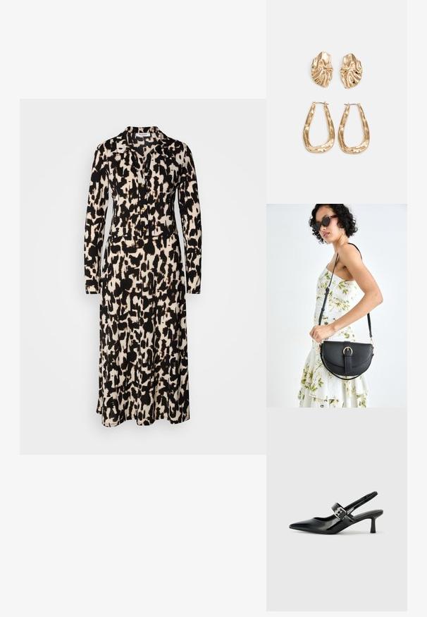 Abito a maniche lunghe con un motivo astratto in nero e beige. Presenta un collo con rever e bottoni lungo la parte anteriore, realizzato in tessuto leggero.; Décolleté neri in vernice con punta affilata e tacco a blocco piccolo, dotati di un accentuato con fibbia argentata sulla cinturino.; Borsa a tracolla nera in pelle con una forma curva, manico rimovibile e accessori dorati. La borsa presenta una patta con un dettaglio a fibbia.; Orecchini in tono oro caratterizzati da forme ondulate eTexture. Comprendono chiusure clip-on scultoree e un design a cerchio aperto con finitura martellata.