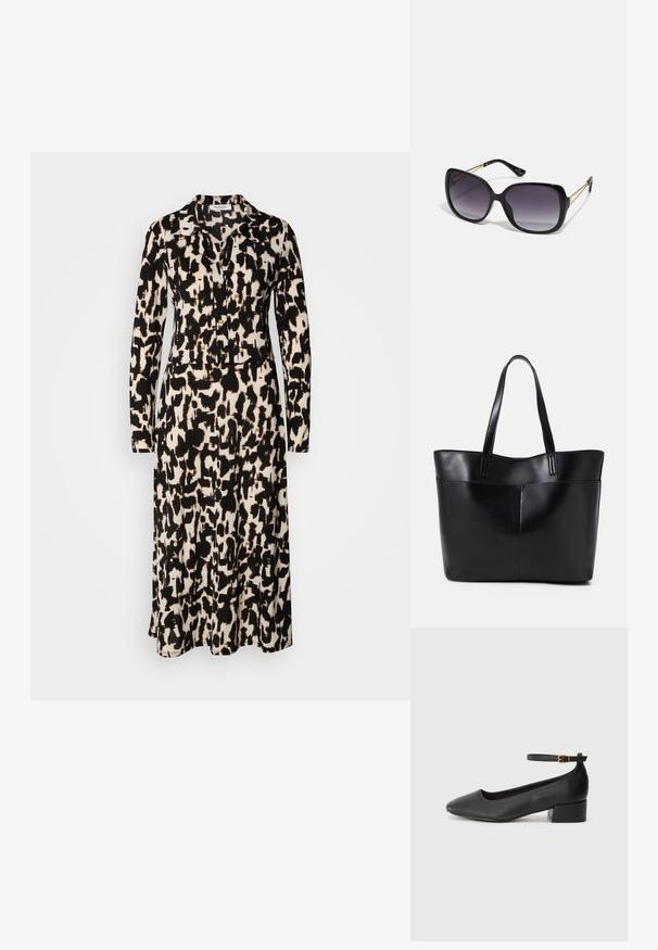 Vestido de manga longa com um padrão abstrato em preto e bege. Apresenta um decote com colarinho e botões à frente, feito de um tecido leve.; Sandal de pele preta com bico pontiagudo e um salto bloco baixo. Apresenta uma tira no tornozelo com uma fivela em tom dourado. Textura suave.; Óculos de sol oversized pretos com lentes degradê, armações grossas e detalhes em corrente dourada nas hastes.; Bolsa tote preta em couro com duas alças longas, textura suave e forma estruturada. Apresenta um bolso frontal para armazenamento adicional.