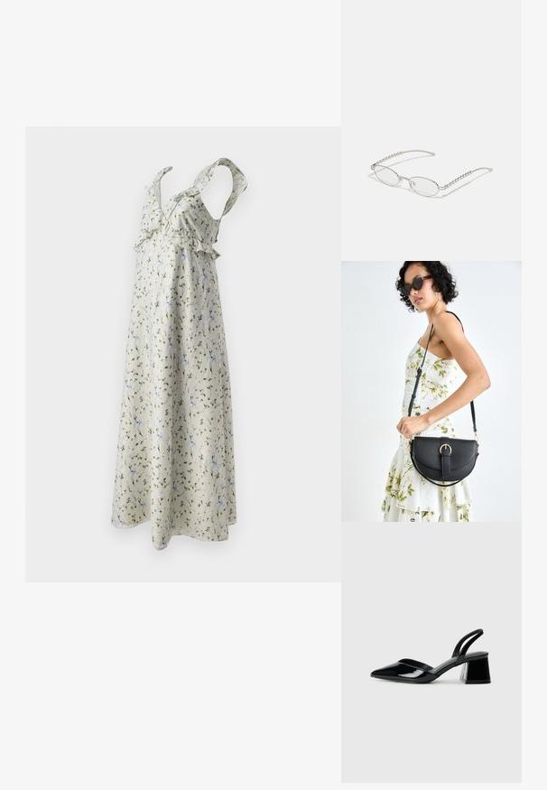Rochie florală dintr-un material bej deschis, cu modele verzi și albastre, având bretele volănașe și un design fluid, până la gleznă.; Pantofi cu toc slingback din piele lacuită neagră, cu vârf ascuțit și toc geometric. Prezintă un design elegant, minimalist și o textură netedă.; Ochelari ovali cu o ramă metalică argintie, lentile clare și accente texturate cu mărgele pe brațe. Design ușor cu brațe curbate.; Geantă din piele neagră, cu o formă curbată, curea detașabilă și accesorii aurii. Geanta are un capac cu un detaliu tip cataramă.
