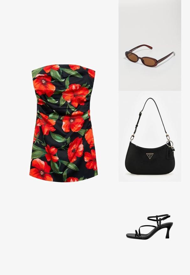Čierne bezramienkové šaty s červenou kvetinovou potlačou, s veľkými makmi a zelenými listami, texturovaná tkanina s nazhromaždenými detailmi.; Čierne kožené sandále na podpätku s tenkými remienkami, štvorcovou špičkou a ihlovým podpätkom. Nastaviteľný remienok okolo členku pre lepšie prispôsobenie. Hladký povrch.; Okrúhle slnečné okuliare s hnedým nádychom a lesklým burgundským rámom. Úzke ramená s jemným brandovaním. Plochej šošovky dizajn.; Čierna syntetická plecnička s oblým siluetom, textúrovaným povrchom, zlatým trojuholníkovým logom a odnímateľnými kovovými detailmi.