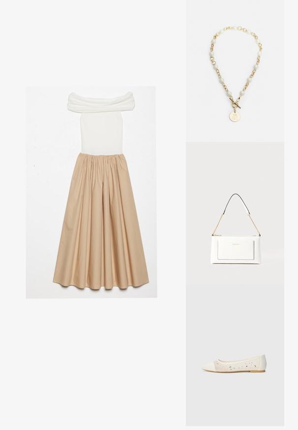 Vállnélküli ruha, amelynek testhezálló, fehér bordás felső része és egy légies bézs szoknyája van, amely a deréknál van összegyűjtve, így dús sziluettet alakít ki.; Krém bőrből készült, hegyes orrú lapos cipő átlátszó felsőrésszel, ami szétszórt gyémántokkal van díszítve. Puha talp a kényelemért, minimalista dizájn.; Fehér bőr kézitáska, texturált felülettel, arany lánccal és fekete részletekkel. Elülső zsebbel és cipzáros zárással rendelkezik.; Aranylánc nyaklánc fehér gyöngyökkel díszítve, kör alakú medállal, amelyen egy domború logó található, tolózárral rögzítve.