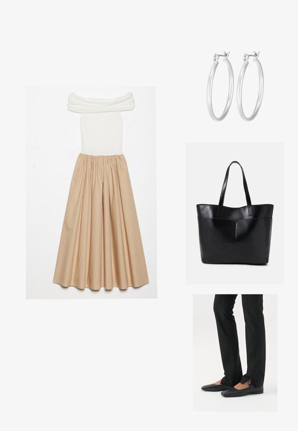 Haljina s otkrivenim ramenima koja sadrži uski bijeli rebrasti gornji dio i lepršavu bež suknju, sakupljenu u struku za voluminoznu siluetu.; Crne kožne balerinke s uskim vrhom, trakica sa srebrnom kopčom, u kombinaciji s crnim krojenim hlačama s otvorenim rubom.; Crna kožna torba s dugim ručkama, glatkom teksturom i strukturiranim oblikom. Ima prednju džep za dodatno pohranu.; Srebrne kružne naušnice s glatkom, poliranom površinom. Okrugli oblik i sigurno kopčanje na klik. Lagani dizajn pogodan za svakodnevno nošenje.