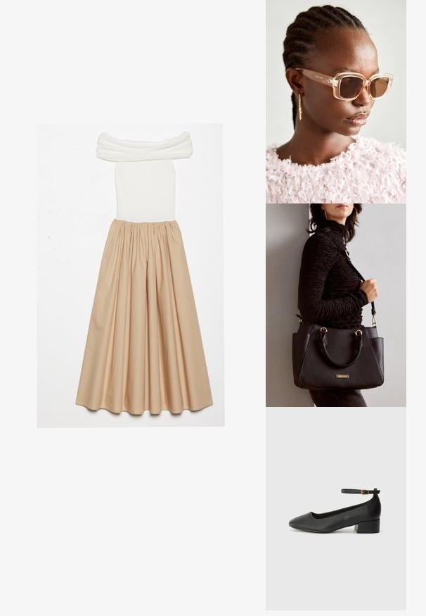 Off-shoulder kjole med en tettsittende hvit ribbet overdel og en flytende beige skjørt, samlet i midjen for en voluminøs silhuett.; Sorte skinnpumper med spiss tå og lav blokkhelt. Har ankelrem med gullfarget spenne. Glatt tekstur.; Beige oversized solbriller med klar ramme og brune tonede linser, med subtile blomsterdetaljer og dristig, geometrisk design.; Svart håndveske med teksturert overflate, doble topphåndtak og justerbar skulderrem. Har detaljer i gulltone og sidelommer.