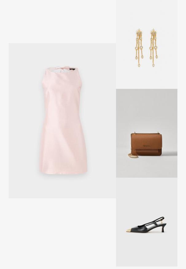 Bešvarkis su rankovėmis be rankovių šviesiai rožinės spalvos medžiagoje, su lygiu paviršiumi, turintis užsegimą nugarinėje dalyje ir paprastą A-formos dizainą.; Juodas odinis slingback batelis su smailiu pirštu ir auksine metaline nose. Pasižymi išpjovimo dizainu ir plonu kulnu su reguliuojamu dirželiu.; Ruda tekstūruota odinė per petį nešama rankinė su auksiniu grandininiu dirželiu ir užlenkiamo užsegimo. Priekinėje pusėje yra logotipo detalė ir kišenė po užlenkimu.; Aukso spalvos auskarai su keliais kaskadiniais grandinėlėmis, su skaidriais ovaliais kristalų akcentais ir dekoratyviniais auskarų priekiais.