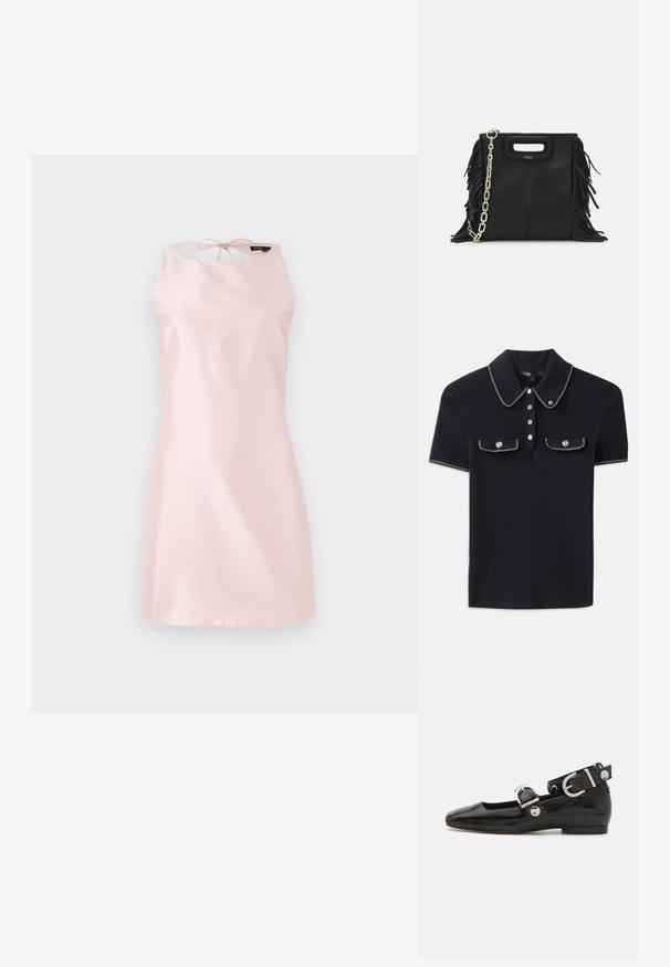 Ujjatlan ruha világos rózsaszín anyagból, sima textúrával, hátul megkötős záródással és egyszerű A-vonalú fazonnal.; Sötétkék bordázott póló, hegyes gallérral, rövid ujjakkal és két elülső zsebbel, amelyek patentgombokkal záródnak; fehér varrási díszítésekkel kiemelve.; Fekete lakkbőr lapos cipő négyzet alakú orral, ezüst hardware-rel ellátott bokapánttal és lapos talppal. Simaságával és minimalista dizájnjával kiemelkedő.; Fekete bőr kézitáska, frufrus részletekkel, arany láncos vállpánttal és kivágott fogantyúval. Az elülső részen logó található.
