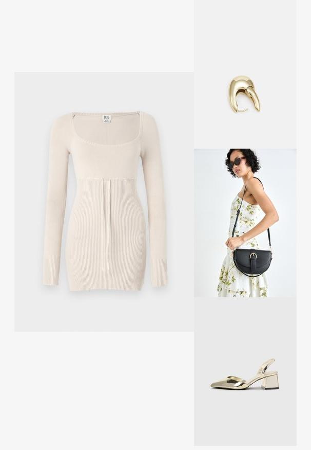 Bež svetilka s dolgimi rokavi iz pletenine s kvadratnim izrezom, rebrasto teksturo, podrobnostjo z vrvico v pasu in prilegajočo se silhueto.; Zlati, kovinski slingback čeveljci z ostrim nosom in masivnim peto. Gladka tekstura, minimalistična zasnova in ozka zanka.; Črna usnjena torbica s ukrivljeno obliko, z odstranljivo naramnico in zlatimi dodatki. Torbica ima pokrov s podrobnostmi v obliki zaponke.; Uhane nakit iz zlatastega tona z gladko, ukrivljeno zasnovo. Ima edinstveno koničasto obliko, polirano površino in zaponko s tečajem.