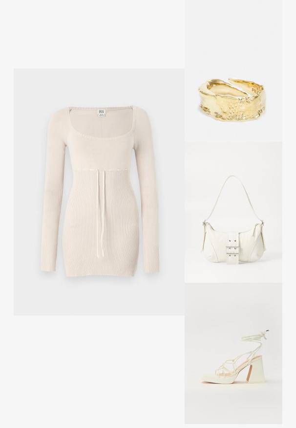 Beżowy sweter z długim rękawem, z kwadratowym dekoltem, prążkowaną fakturą, sznurkiem w talii oraz dopasowanym krojem.; Biała sandał na wysokim obcasie z masywnym słupkiem, z paskowym wzorem i wiązaniem przy kostce. Gładka faktura z platformą z przodu dla dodatkowej wysokości.; Biała torebka na ramię o fakturowanym wykończeniu, z centralnym akcentem w postaci klamry i zaokrąglonym kształcie. Zapięcia na zamek błyskawiczny po obu stronach.; Złoty pierścionek z fakturowanym, falistym wzorem i polerowanym wykończeniem, ukazujący skomplikowane detale oraz szczelinę w obrączce umożliwiającą regulację rozmiaru.