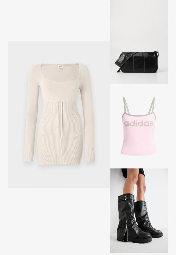 Beige pikkade varrukatega kootud sviiter, millel on ruudukujuline kaelus, soonilised tekstuurid, paelad vöökohtade juures ja sobiv siluett.; Hele roosa tank top hallide ääred ja reguleeritavad spagett-rihmad, millel on suur keskel hall "adidas" logo. Puuvillane materjal.; Mustad mustad naha põlve kõrgused saapad, millel on lai vars, külgvipu ja pandla aktsent, tekstureeritud viimistlus ja krobeline kummitald.; Must mustra nahkainine õlakott, millel on tõmblukk, tekstureeritud pind, valged õmblused ja rihm hõbedaste rõngastega.