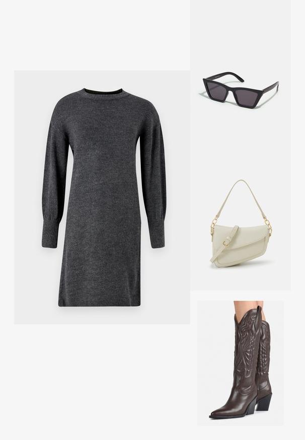 Tumši pelēks adīts kleita ar garām pūkainām piedurknēm, apaļu kakla izgriezumu un ribotiem manšetiem. Vienkāršs dizains ar taisnu siluetu.; Brūni ādas kovboju zābaki ar norādītu purngalu un blokveida papēdi, ar detalizētu šūšanu un paceltiem akcentiem uz kājas daļas.; Melni, stūrveida saulesbrilles ar pelēkiem objektīviem; izgatavotas no plastmasas, ar biezām kājām, kam ir gluda virsma un nav redzamu stiprinājumu.; Maza krēmkrāsas rokas soma ar teksturētu apdari, garu regulējamu siksniņu, ķēdes akcentu un vāciņa aizdari. Zelta aparatūras detaļas.