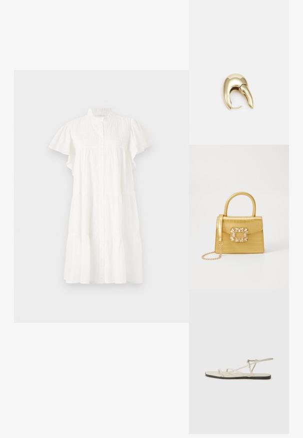 Balta medvilninė suknelė su apykakle, trumpomis volanų rankovėmis, mygtukų uždarymu ir sluoksniuota apdaila. Turi subtilių raukinių detalių ant krūtinės.; Bežiniai plokšti sandalai su keliais lieknais dirželiais ir reguliuojamu užsegimu. Padas plokščias, su lengvu tamsiu kontrastu krašte.; Geltonas dirbtinės krokodilo odos rankinukas su standžiu dizainu, viršutine rankena, nuimamu grandininiu dirželiu ir dekoratyviniu krištolo papuošimu ant užsegimo.; Aukso tono metalinės auskarai su stilingu, kreiviu dizainu. Išsiskiria ryškiu smailiu pavidalu, poliruota paviršiumi ir užsegimu su vyriu.