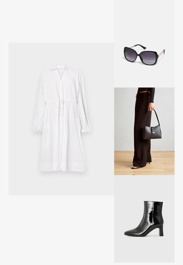 Bijela haljina dugih rukava s gumbima sprijeda, vezanjem u struku, izrezbarenim uzorkom i nabranim rukavima. Glatka tekstura s opuštenim krojem.; Crne lakirane kožne gležnjače s šiljastim prstom i srednje visokom blok petom. Glatka tekstura i minimalistički dizajn.; Crne prevelike sunčane naočale s gradijentnim lećama, debelim okvirom i zlatnim lancem kao detaljem na krakovima.; Crna torba s oblikom koji sadrži strukturu, glađu teksturu i metalnu kopču. Uparena s širokim crnim hlačama i sandalama na otvorenom s drvenog poda.