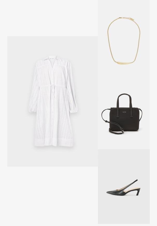 Biele dlhé šaty s dlhými rukávmi, s predným zapínaním na gombíky, opaskom na viazanie, očkovaným vzorom a zhromaždenými rukávmi. Hladká textura a voľný strih.; Čierne slingback topánky s ostrou špičkou a nízkym opätkom, vyrobené z hladkej kože a s výrezmi na boku pre lepšiu priedušnosť.; Čierna kabelka s dvojitými krátkymi rúčkami a odnímateľným ramenným popruhom. Hladký materiál podobný koži s uzatváraním na zips a detailom loga.; Zlatom pozlátený náhrdelník s hladkým, zakriveným centrálnym akcentom. Obsahuje flexibilný reťaz s karabínkovým zapínaním a ďalšími nastaviteľnými článkami reťaze.