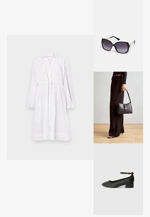 Vit långärmad klänning med knäppning fram, knytmidja, ögla-mönster och samlade ärmar. Slät textur med en avslappnad passform.; Svart läderpump med spetsig tå och en låg klack. Har en ankelsnodd med en guldtonad spänne. Slät textur.; Svarta överdimensionerade solglasögon med gradientlinser, tjocka bågar och kedjedetaljer i guldton vid tempelarmarna.; Svart handväska med strukturerad form, slät yta och metallspänne. Matchad med vida svarta byxor och sandaler med öppen tå på trägolv.