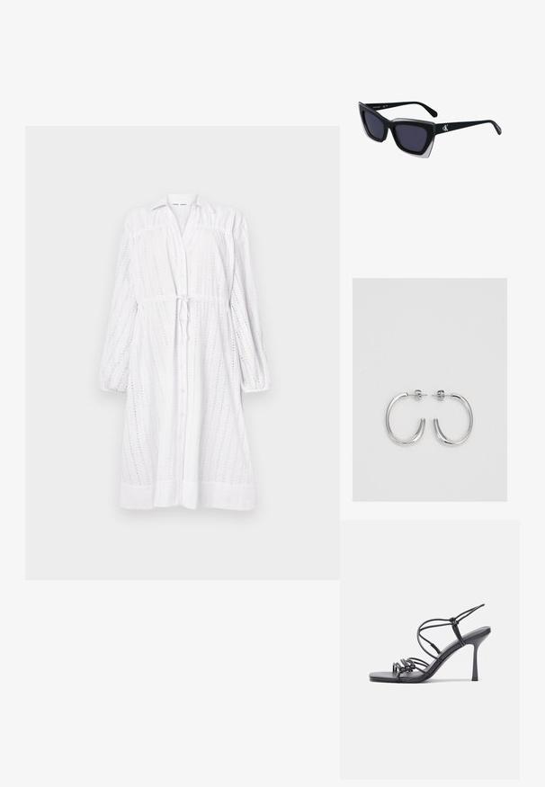 Balta garām piedurknēm kleita ar pogu priekšpusi, saistīšanu viduklī, acs rakstu un sarcinātām piedurknēm. Gluda tekstūra ar brīvu piegriezumu.; Melnas augstpapēžu sandales ar plāniem siksniņām un mezgla dizainu, gluda kvadrātveida purngalu un elegantu stiletto papēdi.; Melni pārmēru saulesbrilles ar ģeometrisku formu, kas aprīkotas ar tumšiem stikliem un kontrastējošu pelēku akcentu uz rāmja. Logo uz kājas.; Sudraba riņķveida auskari ar gludu, spīdīgu apdari. Apaļas formas, viegla dizaina, ar aizdari uz stieples.
