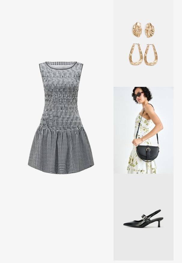 Mustriline mustriga mustri ja sobiva taljega must ja valge gingham kleit, smockitud tekstuuriga ja kootud seelikuosaga. Lihtne ümar kaelus ja ilma varrukateta disain.; Mustad patenteeritud nahast sildiga kontsad, millel on terav nina ja väike plokk-konts, mille rihmal on hõbedane pandla aksessuaar.; Mustmust mustraha kõverate joontega, eemaldatava rihmaga ja kuldsete detailidega. Kotil on klapp, millel on pandladetail.; Kuldse värvi kõrvarõngad, mis on kaunistatud tekstuursete ja laineliste kujunditega. Komplektis on skulpturaalsed klamber kõrvarõngad ja avatud rõngasdisain, millel on lõhestatud viimistlus.