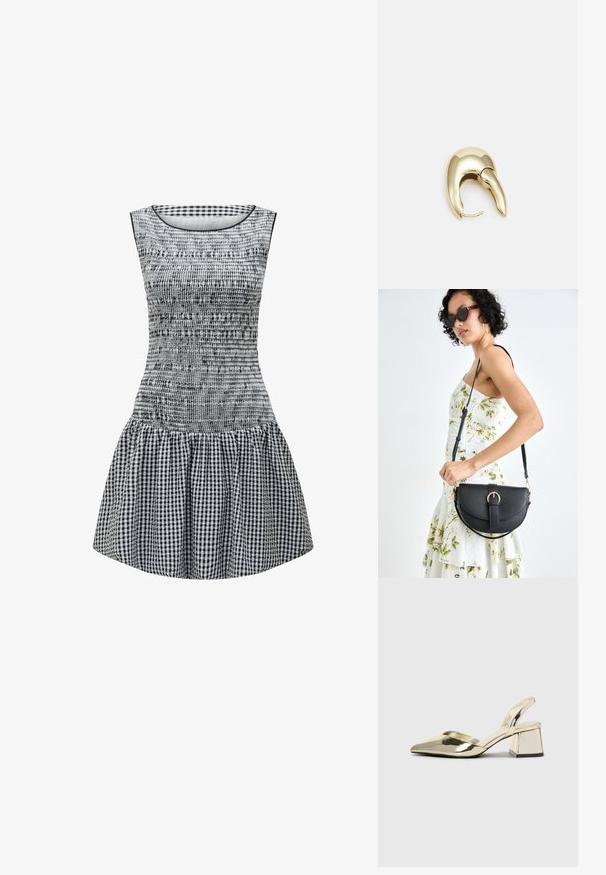 Rochie în carouri alb-negru, cu un corset ajustat, textură smock și fustă evazată. Gât rotund simplu și design fără mâneci.; Pantofi cu toc slingback metalici aurii, cu vârf ascuțit și toc chunky. Textură netedă, design minimalist și o curea subțire.; Geantă din piele neagră, cu o formă curbată, curea detașabilă și accesorii aurii. Geanta are un capac cu un detaliu tip cataramă.; Cercei din metal de culoare aurie cu un design elegant și curbat. Prezintă o formă distinctivă, ascuțită, o suprafață lustruită și un sistem de închidere cu balama.