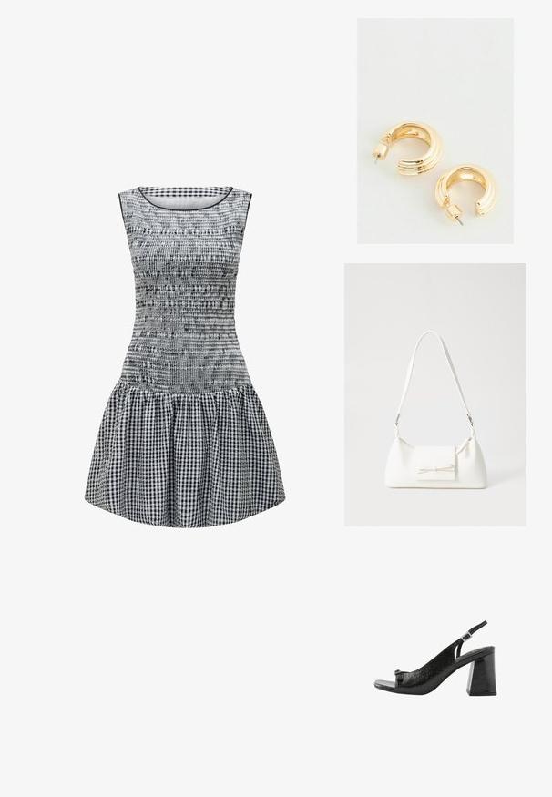 Juodai balta gingham suknelė su prigludusia kūno dalimi, raukšlėtu paviršiumi ir platėjančia sijona. Paprastas apvalus iškirpimas ir be rankovių dizainas.; Next Sandalai - black; Balta sintetinė rankinė trikampio formos, plokščiu priekiu su užsegimu, kaspino detale, reguliuojama dirželiu, lygia tekstūra ir minimalistišku dizainu.; Aukso tono įsegamos auskarai su blizgiu paviršiumi, turintys briaunuotą dizainą ir užsegimą ant smeigtuko. Apvalios, masyvios formos.
