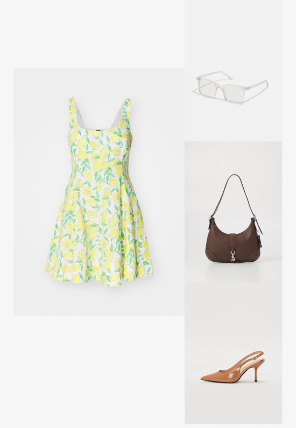 Sukienka bez rękawów w wzory cytrynowe, wykonana z lekkiego materiału, z rozkloszowaną spódnicą i białym tłem z zielonymi liśćmi oraz żółtymi cytrynami.; Sandały na obcasie z kwadratowym noskiem, wykonane z gładkiego, błyszczącego materiału w kolorze brązowym. Charakteryzują się zaokrąglonym wycięciem i smukłym obcasem typu stiletto. Detal w postaci srebrnej klamry.; Przezroczyste, kwadratowe okulary z plastiku z półprzezroczystymi soczewkami, z złotymi akcentami na zausznikach dla dodatkowego wykończenia.; Brązowa skórzana torebka o zaokrąglonym kształcie, ze srebrnymi elementami i dekoracyjnym przeszyciem. Posiada pasek na ramię i zapięcie na zamek.