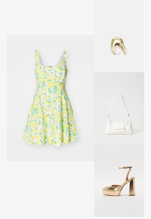 Mélanžana brezrokavnik obleka z motivom limon, izdelana iz lahkega materiala, z raztegnjenim krilom in belim ozadjem, ki vključuje zelene liste in rumene limone.; Zlate metalne platforme s peto, z ostrim nosom, trakico okoli gležnja in blok peto. Eleganten dizajn s svilnato, sijočo teksturo.; Bela sintetična torbica v obliki trikotnika, z ravnim sprednjim poklopcem in detajlom mašne, nastavljivim trakom, gladko teksturo in minimalističnim dizajnom.; Uhane nakit iz zlatastega tona z gladko, ukrivljeno zasnovo. Ima edinstveno koničasto obliko, polirano površino in zaponko s tečajem.