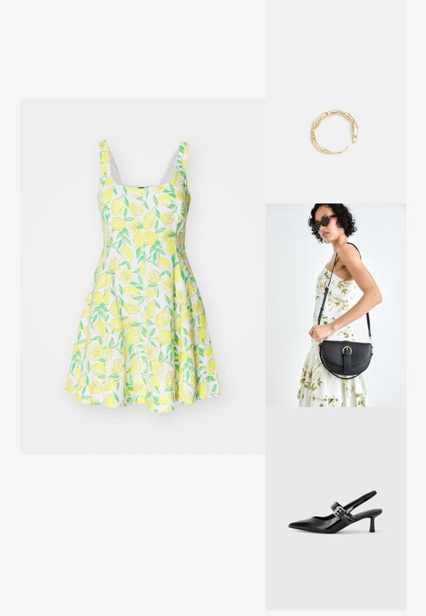 Ärmelloses Kleid mit Zitronenmuster aus leichtem Stoff, das einen schwingenden Rock und einen weißen Hintergrund mit grünen Blättern und gelben Zitronen aufweist.; Schwarze Lackleder Slingback-Absätze mit spitzem Zeh und kleinem Blockabsatz, ausgestattet mit einem silbernen Schnallenakzent am Riemen.; Schwarze Lederhandtasche mit geschwungener Form, abnehmbarem Tragegurt und goldenen Beschlägen. Die Tasche verfügt über einen Deckel mit einer Schnallen-Details.; Goldfarbener Ring mit einem organischen, gedrehten Design, glatter Oberfläche und sich verjüngenden Enden, was ein modernes, skulpturales Erscheinungsbild erzeugt.