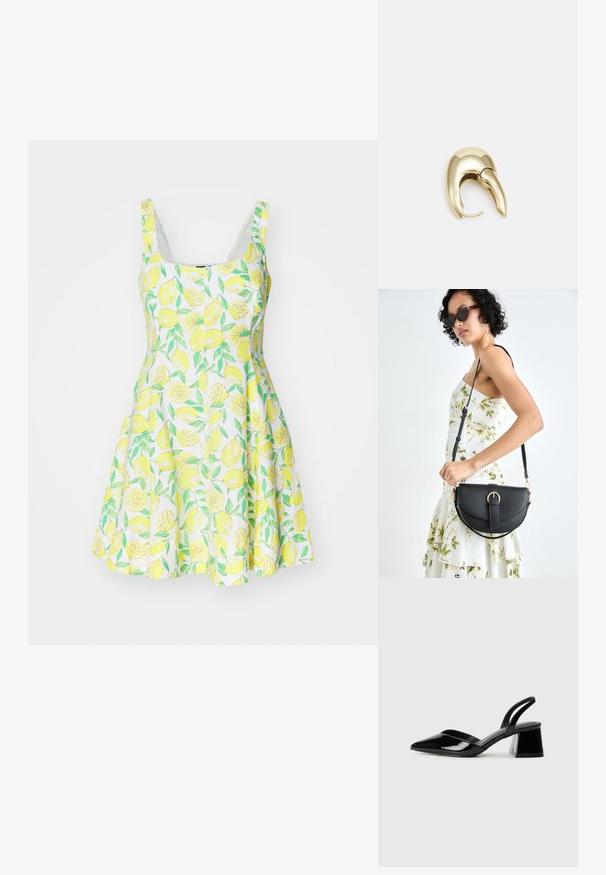 Ærmeløs kjole med citronmønster lavet af let stof, med en svajende nederdel og en hvid baggrund med grønne blade og gule citroner.; Sorte patentlæder slingback hæle med spids tå og en geometrisk blok hæl. Har et elegant, minimalistisk design og en glat tekstur.; Sort læderhåndtaske med en buet form, aftagelig rem og guldfinish. Tasken har en klap med en spænde detalje.; Guldtonet metal ørering med et slankt, buet design. Har en karakteristisk spids form, poleret overflade og hængselåbning.