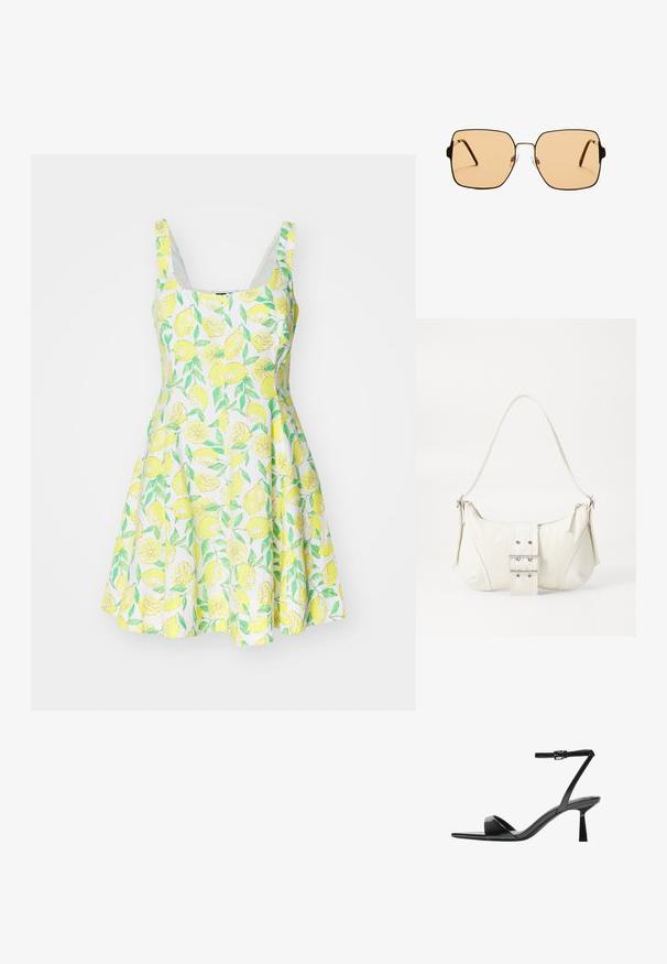Haljina bez rukava s uzorkom limuna izrađena od lagane tkanine, s raširenim suknjom i bijelom pozadinom na kojoj su zeleni listovi i žuti limuni.; Bershka Sandale s visokom petom - black; Kvadratne sunčane naočale s smešnim staklima i tankim okvirom od crnog metala. Imaju uglaste tempore i podešive noseče jastučiće za udobnost.; Bijela torbica s teksturiranim završetkom, središnjim detaljem kopče i zakrivljenim oblikom. Rajsferšlusi sa svake strane.