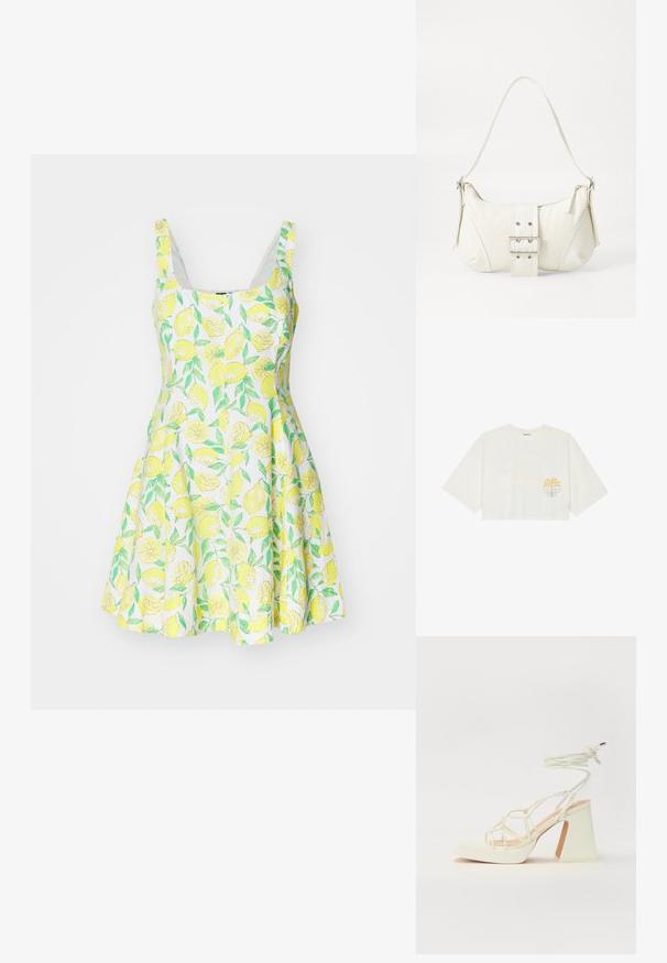 Sidrunimustriga varrukateta kleit, mis on valmistatud kergest kangast. Kleidil on lopsakas seelik ja valge taust roheliste lehtede ning kollaste sidrunitega.; Lühem valge puuvillane T-särk lühikeste varrukatega, millel on vasakul rinnal kollane palmitaim ja sinine laine graafika.; Valged kõrge kontsaga sandaalid, millel on paks konts ja rihmadega disain koos pahkluu sidumisega. Sile tekstuur ja platvorm ees, et lisada kõrgust.; Valge õlakott tekstuuriga viimistlusega, keskel kinnitatud pandlaga ja kõverate kujunditega. Tõmblukuga kinnitused mõlemal küljel.