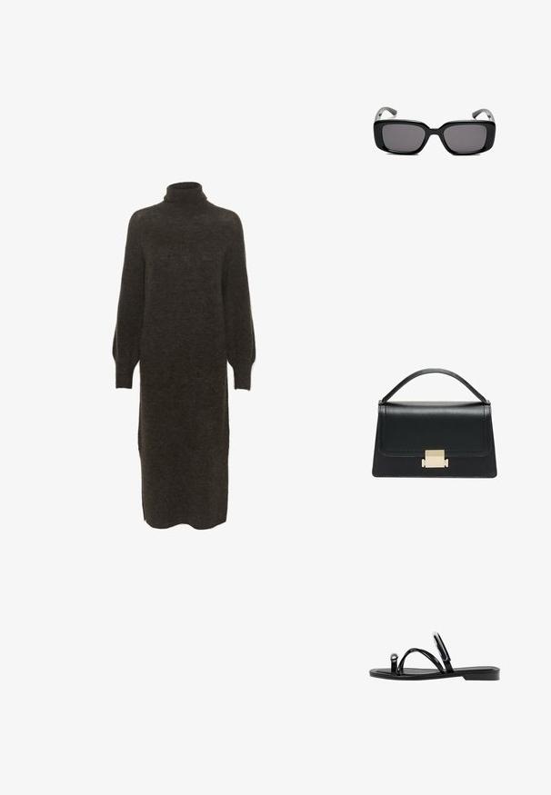 Pletena haljina u tamnosmeđoj boji, s visokim rolkragnom, dugim balon rukavima i bočnim prorezima za lakše kretanje. Mekana vuna.; Crne ravne sandale s sjajnom završnom obradom, tri tanke trake i kružna metalna detalj na prstu. Elegantni dizajn s minimalnim potplatom.; Crne pravokutne sunčane naočale s tamnim lećama, glatkim plastičnim okvirom i zakrivljenim državama. Dizajn je masivan s minimalističkom estetikom.; Crna kožna torba s strukturiranim dizajnom, gornjom drškom i zlatnim metalnim kopčanjem na prednjoj strani. Glatka tekstura, minimalno šivanje.