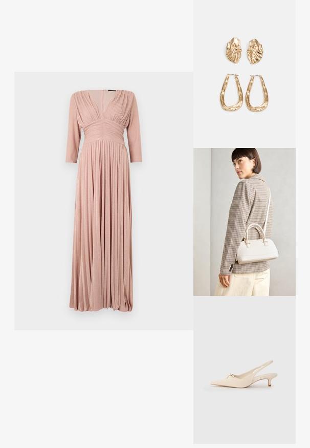 Maxi-jurk van zachtroze stof met een subtiele glans, voorzien van 3/4 mouwen, een geplisseerde bodice en een vloeiende geplisseerde rok.; Puntige slingback schoenen van off-white leer, met een klein strikdetail en een lage kittenhak. Gladde textuur, minimalistisch ontwerp.; Witte gestructureerde handtas met korte handvatten en een schouderband, voorzien van gouden hardwareaccenten en een textuurmateriaal, tentoongesteld tegen een grijze achtergrond.; Gouden oorbellen met een getextureerd, golvend ontwerp. Bevat sculpturale clip-on studs en een open ringontwerp met een gehamerd oppervlak.