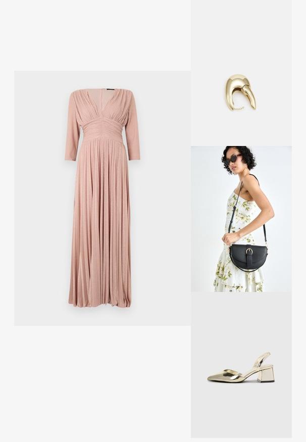 Maxi kjole i blød lyserød stof med en subtil glans, med 3/4 ærmer, plisseret liv og flydende plisseret nederdel.; Guld, metalliske slingback-hæle med spids tå og kraftig hæl. Glat tekstur, minimalistisk design og en smal strop.; Sort læderhåndtaske med en buet form, aftagelig rem og guldfinish. Tasken har en klap med en spænde detalje.; Guldtonet metal ørering med et slankt, buet design. Har en karakteristisk spids form, poleret overflade og hængselåbning.