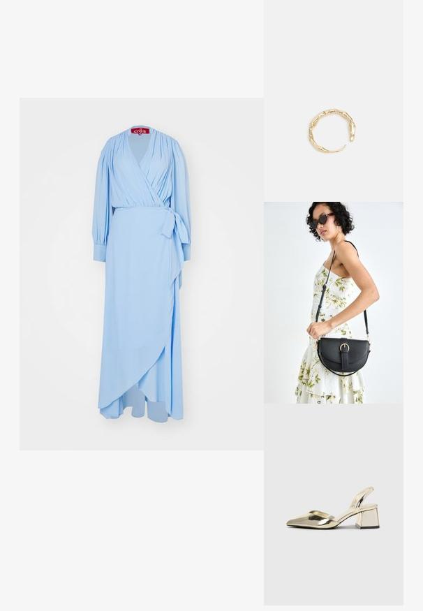Cras LOGAN DRESS - Svečana odjeća - dutch blue; Zlatni metalik slingback sandali s šiljatim vrhom i debelim potpeticama. Glatka tekstura, minimalistički dizajn i uski remen.; Crna kožna torba s lukovitim oblikom, odvojivim remenom i zlatnim detaljima. Torba ima preklop s kopčom.; Prsten u zlatnoj nijansi s organskim, uvijenim dizajnom, glatkom teksturom i suženim krajevima, koji stvara moderan, skulpturalni izgled.