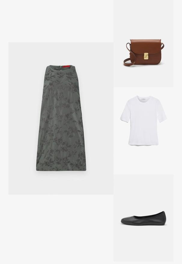 Bez piedurknēm pelēks kleitas ar ziedu izšuvumiem, apaļa kakla un ar aizmugures rāvējslēdzēju. Gluda tekstūra un ceļa garuma apmale.; Balta īsām piedurknēm T-krekls, izgatavots no ribota auduma. Apaļš izgriezums, regulāra piegriezuma un diskrēti šuvumu detaļas. Bez printiem vai grafikām.; Melna ādas baleta kurpe ar noapaļotu purngalu, gludu tekstūru, minimālu šuvju detalizāciju un elastīgu zoles dizainu.; Bordo ādas rokas soma ar atloku, zeltītām detaļām, plecu siksnu un gludu virsmu. Kompakta, taisnstūrveida forma.