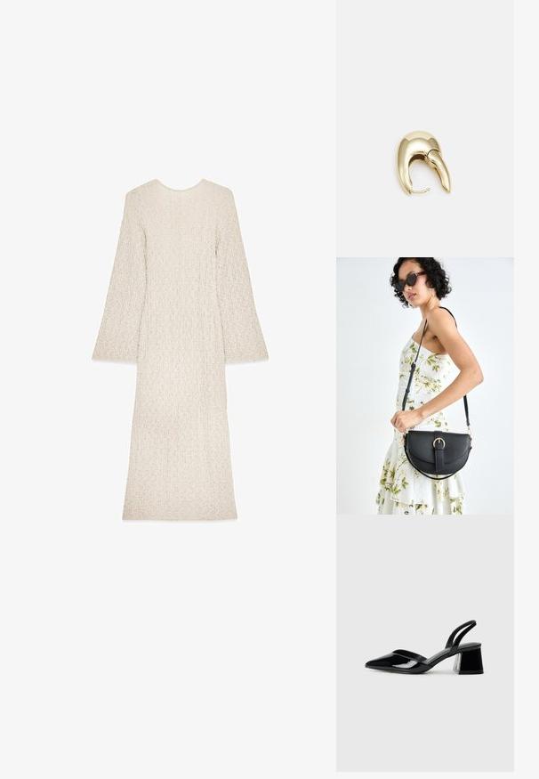 Abito lungo color crema con tessuto testurizzato, scollatura rotonda e maniche a campana. Silhouette semplice e dritta senza chiusure visibili.; Décolleté in vernice nera con punta affusolata e tacco in geometria cubica. Presentano un design elegante e minimalista, con una texture liscia.; Borsa a tracolla nera in pelle con una forma curva, manico rimovibile e accessori dorati. La borsa presenta una patta con un dettaglio a fibbia.; Orecchino in metallo color oro con un design elegante e curvo. Presenta una forma appuntita distintiva, superficie lucida e chiusura a cerniera.