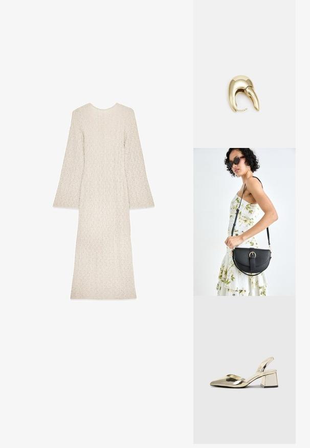 Robe longue de couleur crème avec un tissu texturé, décolleté rond et manches évasées. Silhouette simple et droite sans fermetures visibles.; Talons aiguilles dorés métalliques avec un bout pointu et un talon épais. Texture lisse, design minimaliste et une fine bride.; Sac à main en cuir noir avec une forme courbée, bandoulière amovible et des accessoires en or. Le sac est doté d'un rabat avec un détail de boucle.; Boucle d'oreille en métal doré avec un design élégant et courbé. Présente une forme conique distinctive, une surface polie et une fermeture à charnière.