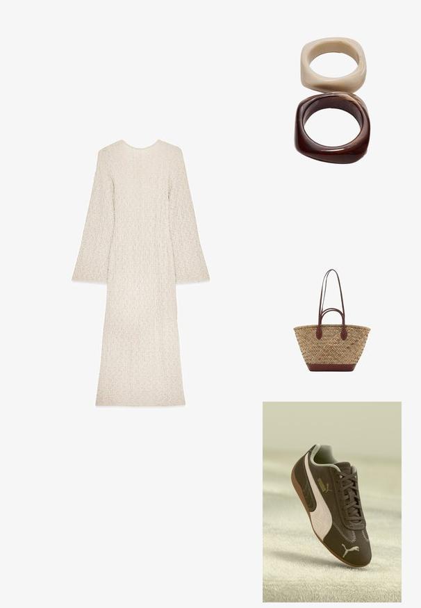 Abito lungo color crema con tessuto testurizzato, scollatura rotonda e maniche a campana. Silhouette semplice e dritta senza chiusure visibili.; Sneaker Puma marrone con striscia e logo beige, allacciato, poggiato su una superficie beige testurizzata.; Borsa tote in paglia intrecciata con texture a treccia, manici e base in pelle marrone scuro, forma circolare larga e design con apertura superiore.; Stradivarius SET - Bracciale - dark brown