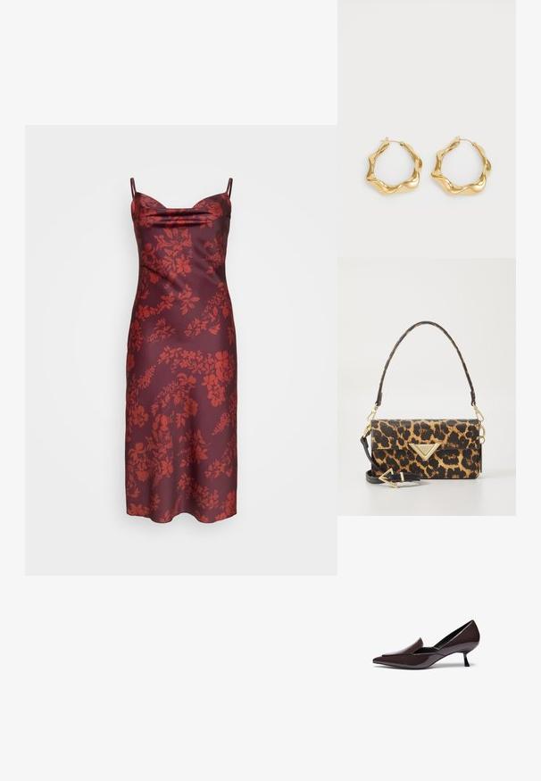 Rotes Blumenmuster-Slipkleid aus Satin, mit dünnen Trägern, einem schulterfreien Ausschnitt und einer taillierten Silhouette. Glatte Textur mit einem mittellangen Schnitt.; Spitze Pumps aus dunkelbraunem Lackleder mit einem niedrigen Stiletto-Absatz und schlanker Silhouette, ausgestattet mit einem leicht erhöhten Blatt.; Taschenhandtasche mit Leopardenmuster aus strukturiertem Kunstleder, ausgestattet mit einem goldfarbigen, dreieckigen Akzent und einem abnehmbaren Schultergurt.; Goldene creolen Ohrringe mit einem wellenförmigen, strukturierten Design. Sie verfügen über einen dünnen Drahtverschluss und eine polierte, reflektierende Oberfläche.