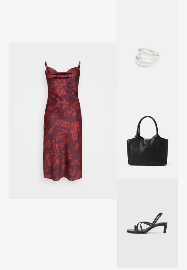 Punane lilleline satiinist libisev kleit, millel on õhukesed rihmad, kumer kaelus ja kehakinnitatud siluett. Sile tekstuur ja keskmise pikkusega lõige.; Mustast rihmajalatsid ruudukujulise varba ja madala ploki kontsaga. Omab mitmeid õhukesi rihmasid ja reguleeritavat pahkluu rihma. Valmistatud siledast nahast.; Mustgamma nahast kott, millel on sile tekstuur, struktureeritud kuju, kaks käepidet ja esiküljel silmapaistev hõbedane pandla detail.; Hõbedane kahekordne rõngas sujuva, poleeritud pinnaga. Omab voolavat, kõverat disaini, millel on kattuvad sektsioonid, et saavutada kaasaegne ilme.